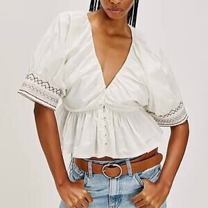 Free People Where We Meet Smocked White Boho Blouse Size S